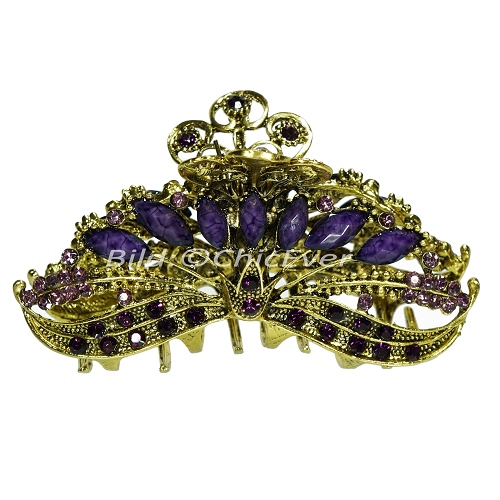 Haargreifer L Vintage Haarkneifer Haarklammer Metall & Strass lila violett gold 5117d - zum Schließen ins Bild klicken